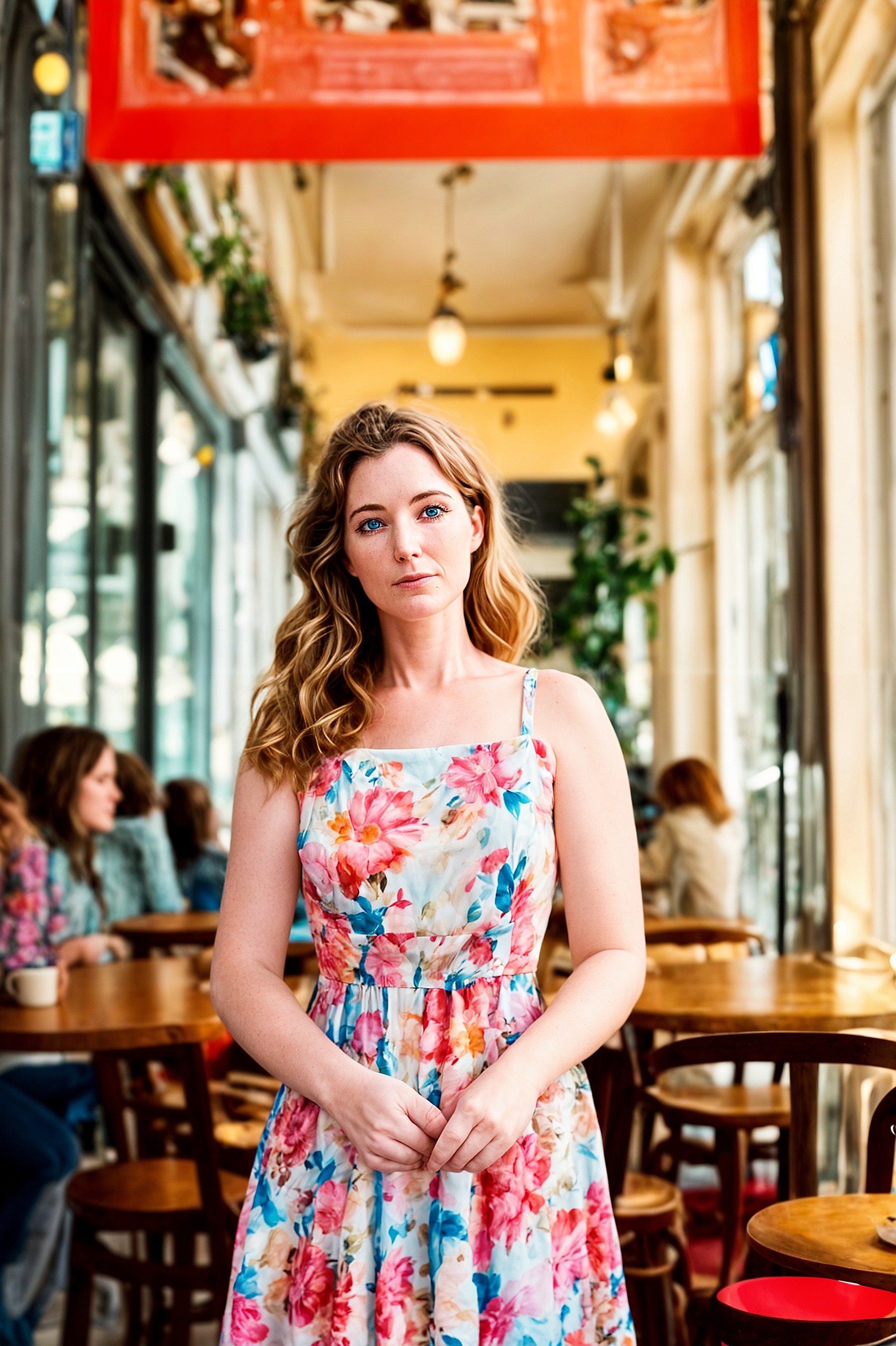 a woman standing in a restaurant with her arms crossed