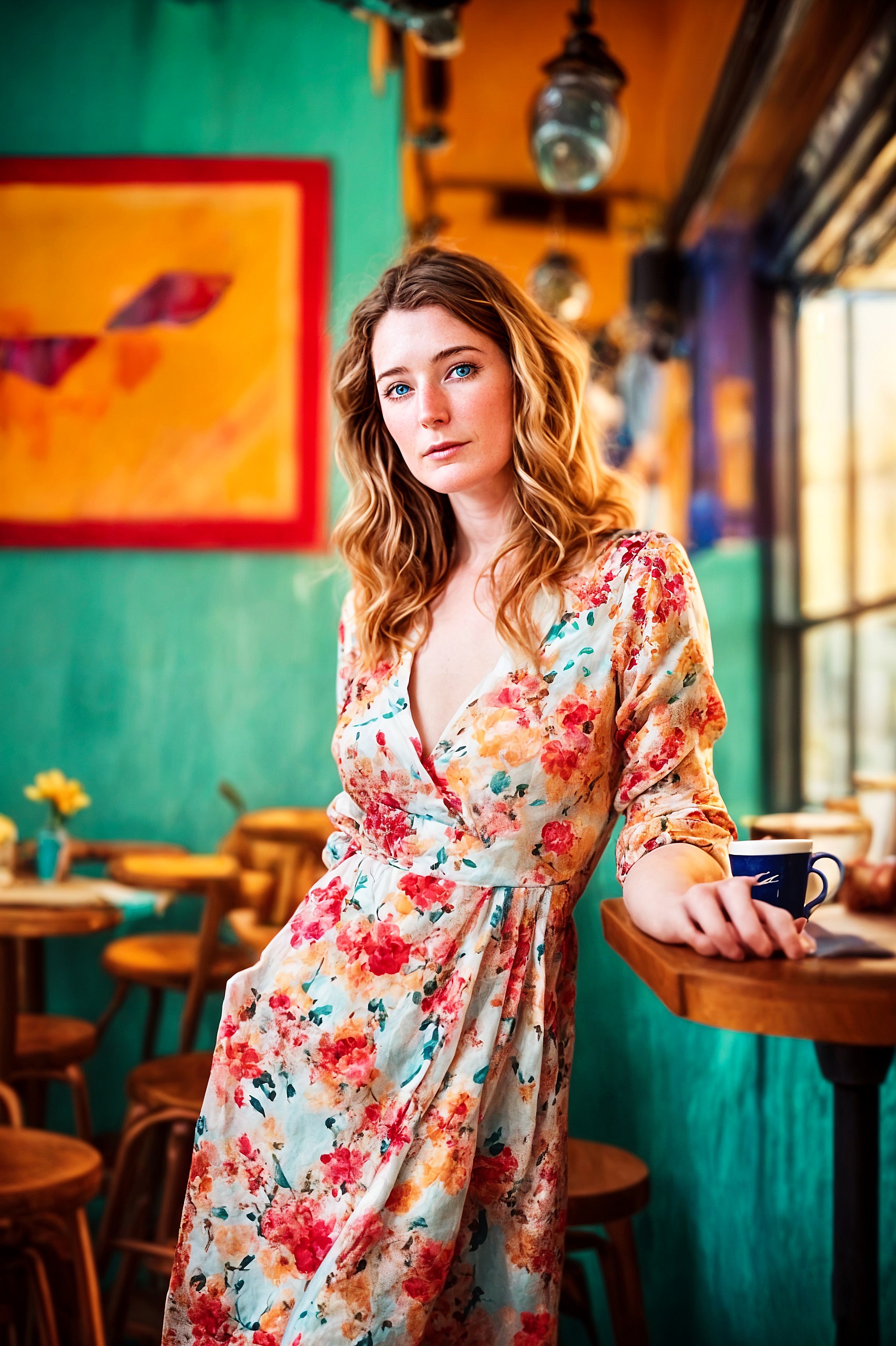 a woman in a floral dress standing in a restaurant