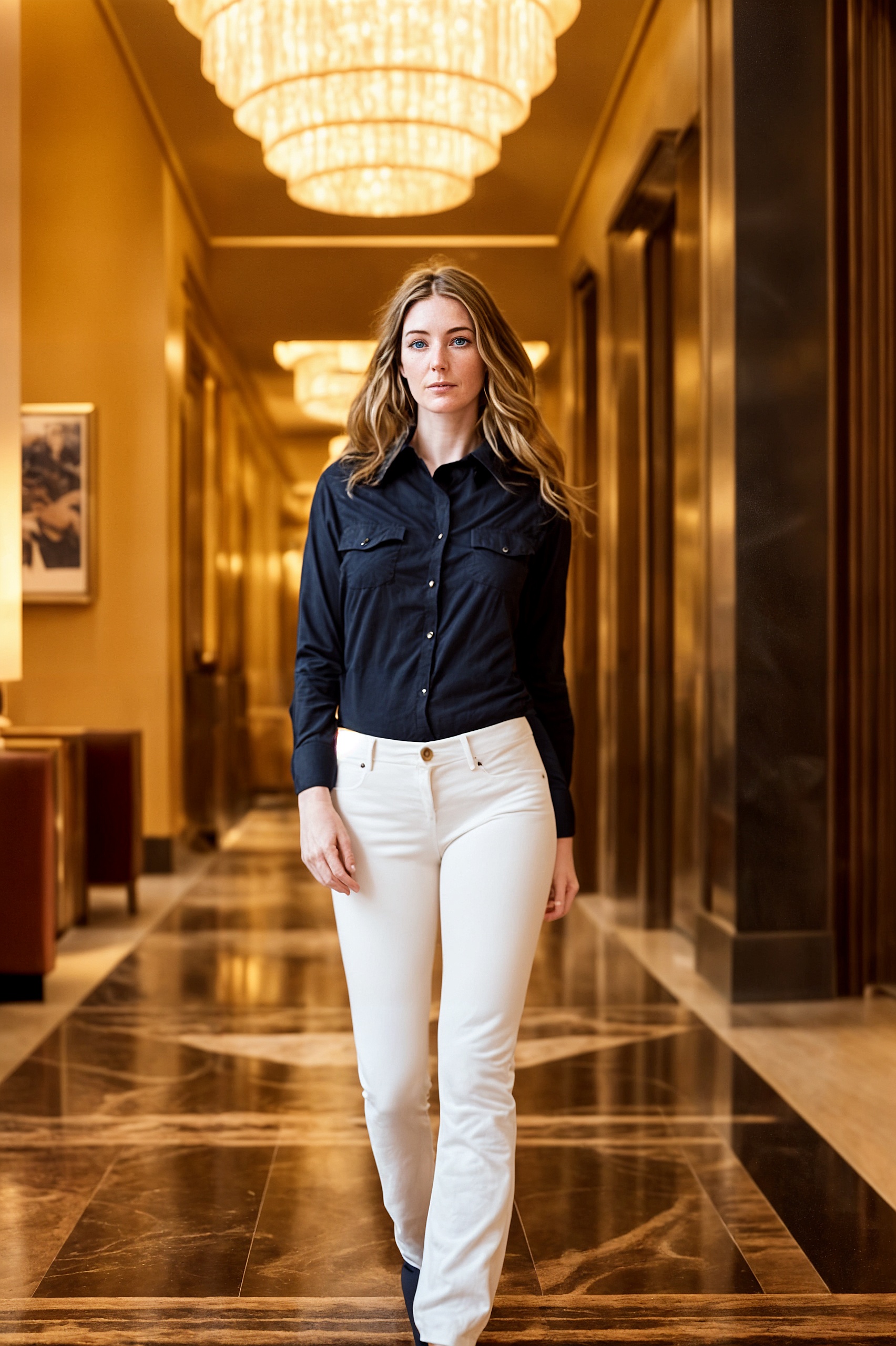 a woman in a black shirt and white pants