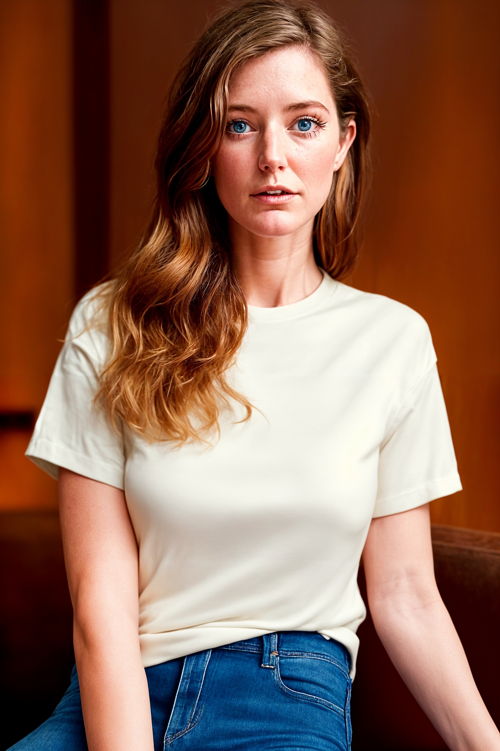 a woman sitting on a couch with a white shirt