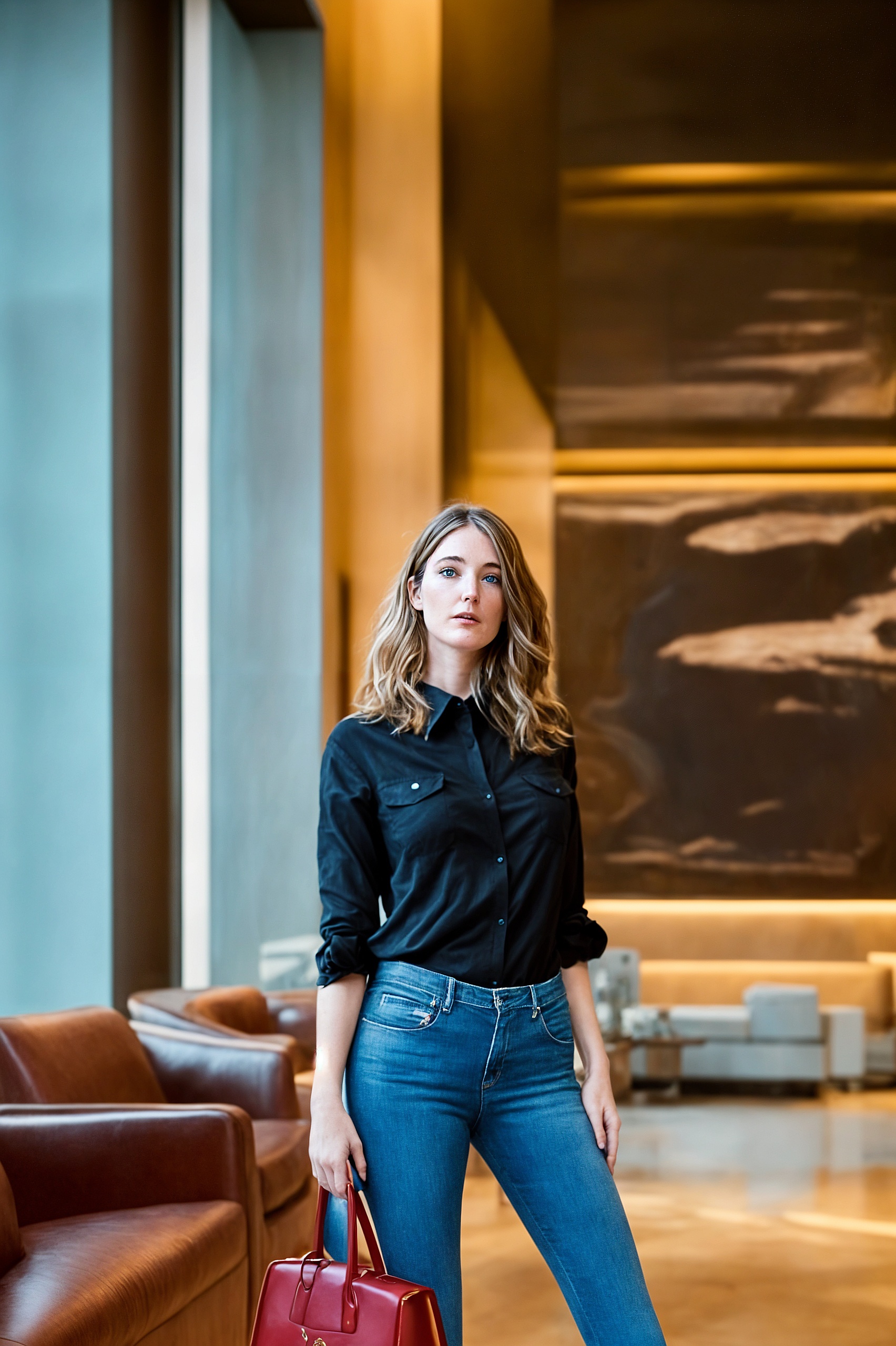 a woman in a black shirt and jeans holding a red bag