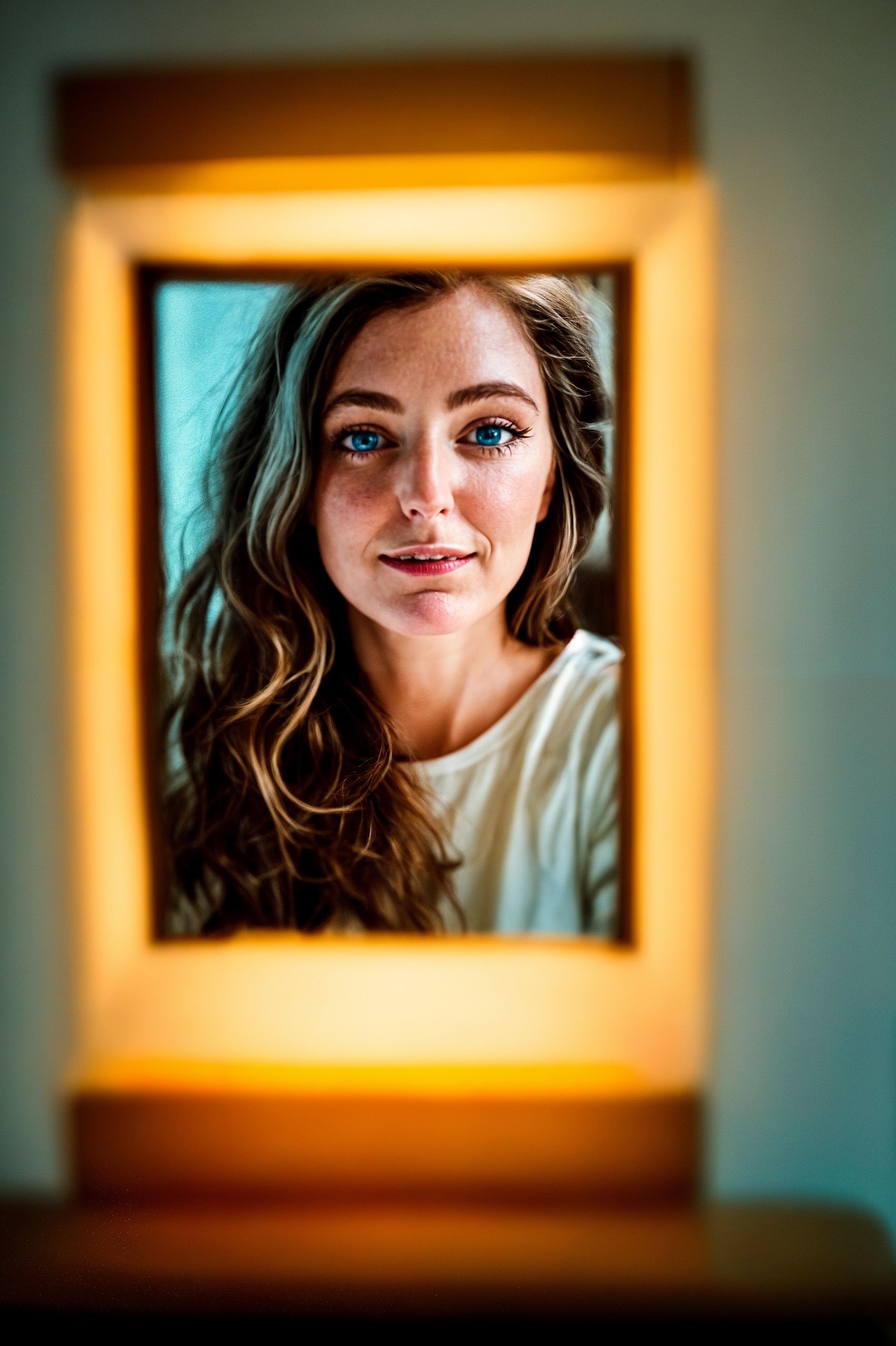 a woman looking into a mirror with a light on it