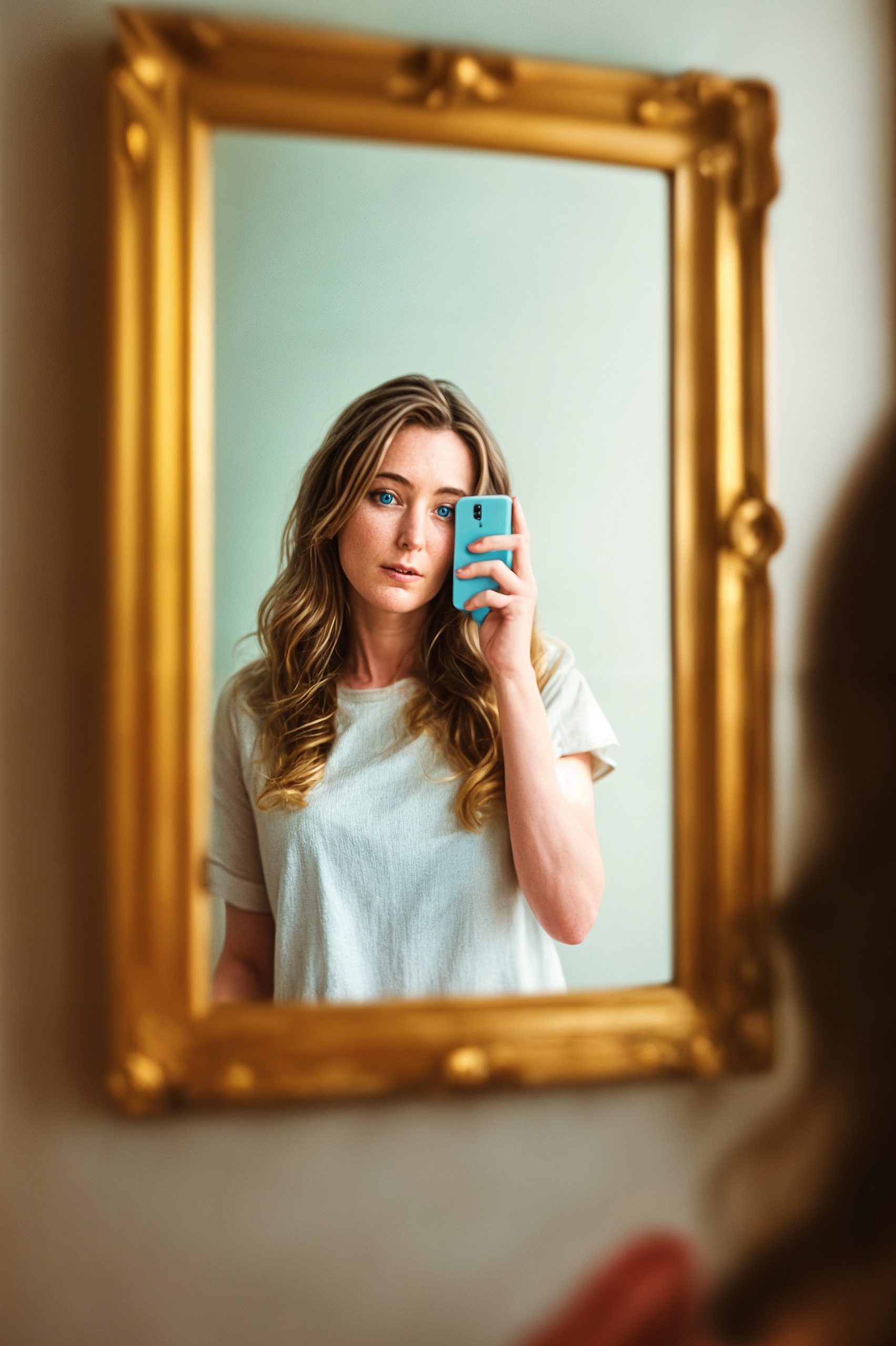 a woman taking a picture of herself in a mirror