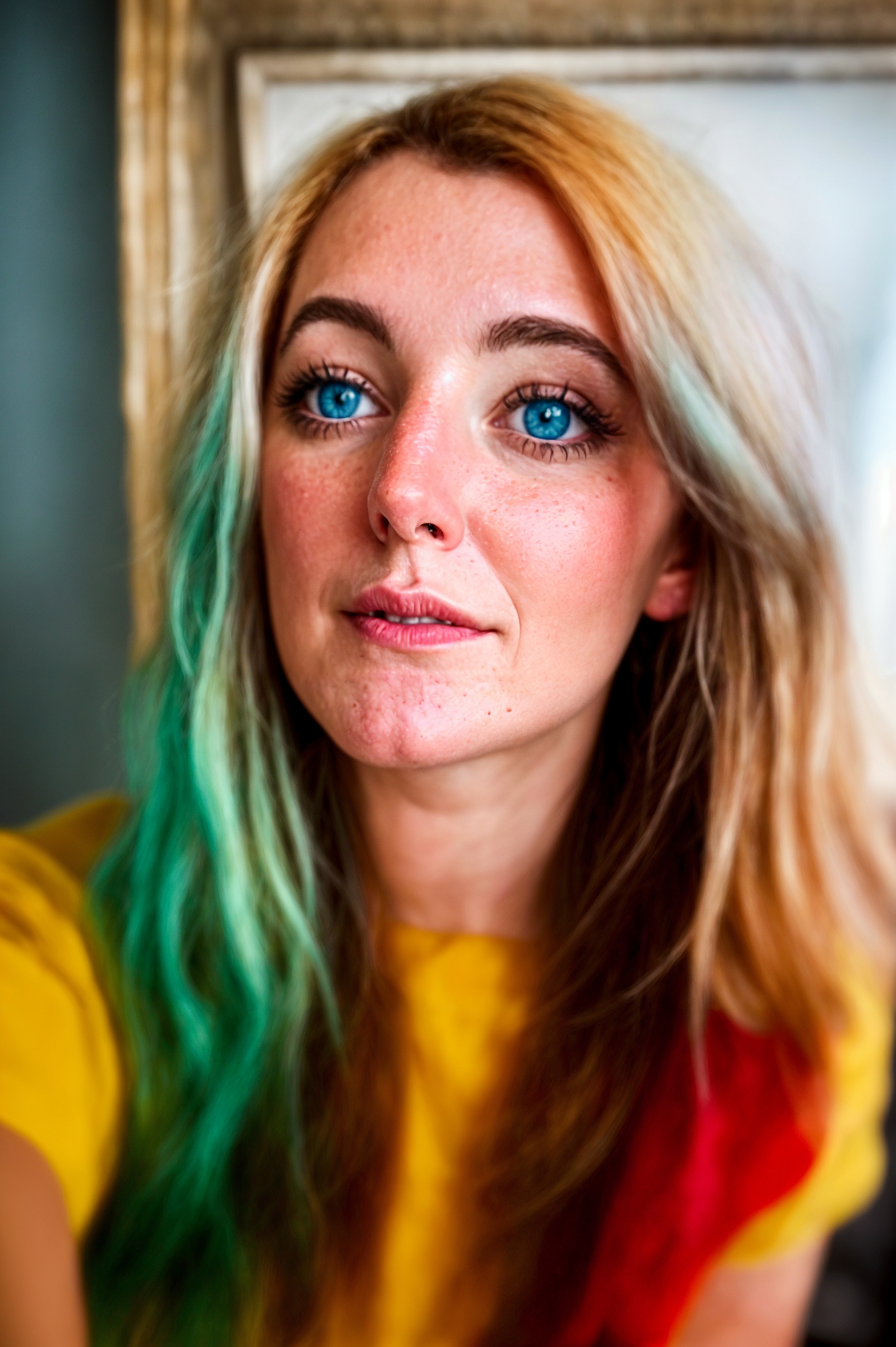 a woman with long hair and blue eyes