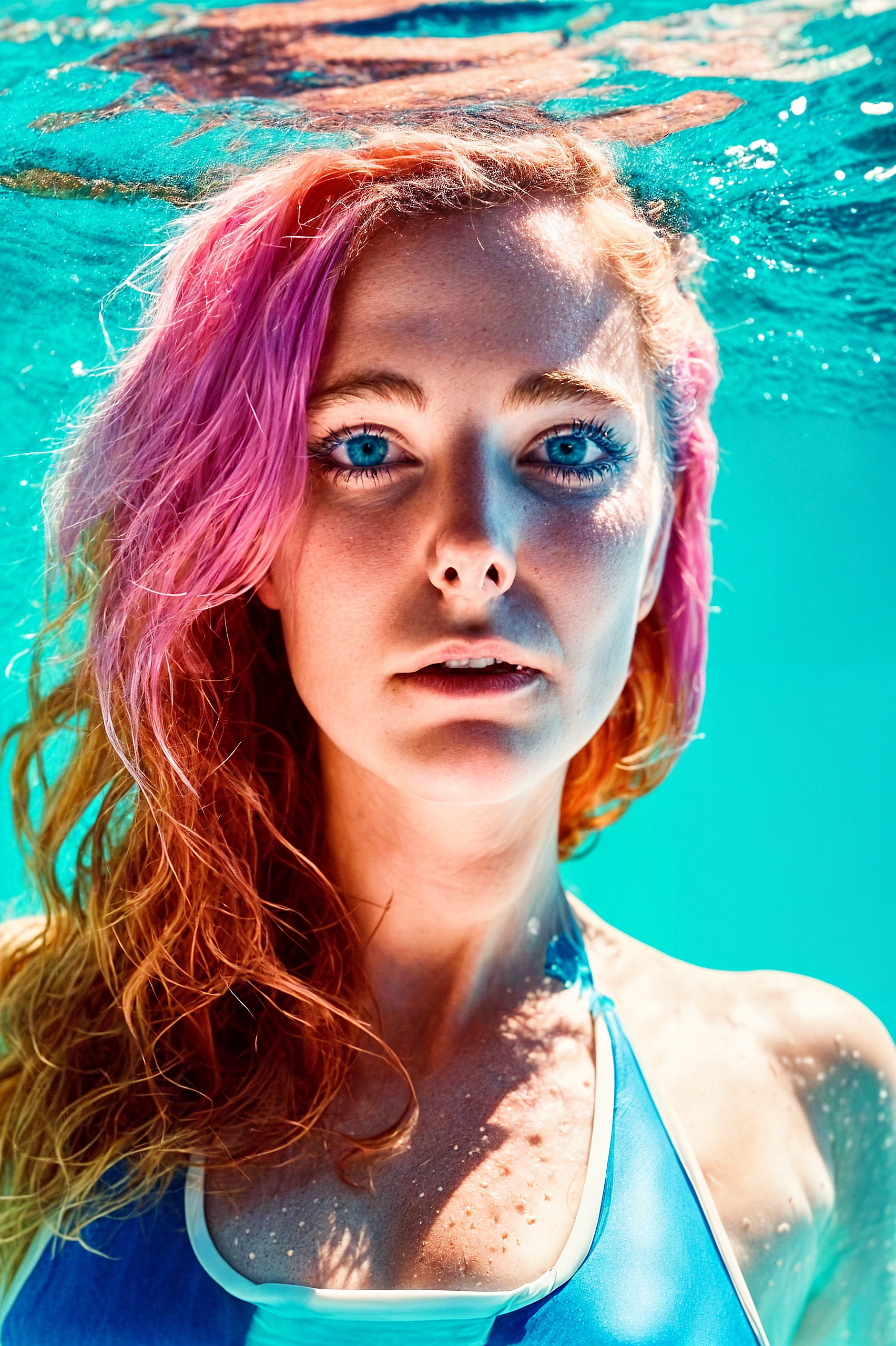 a woman with pink hair and blue eyes in the water