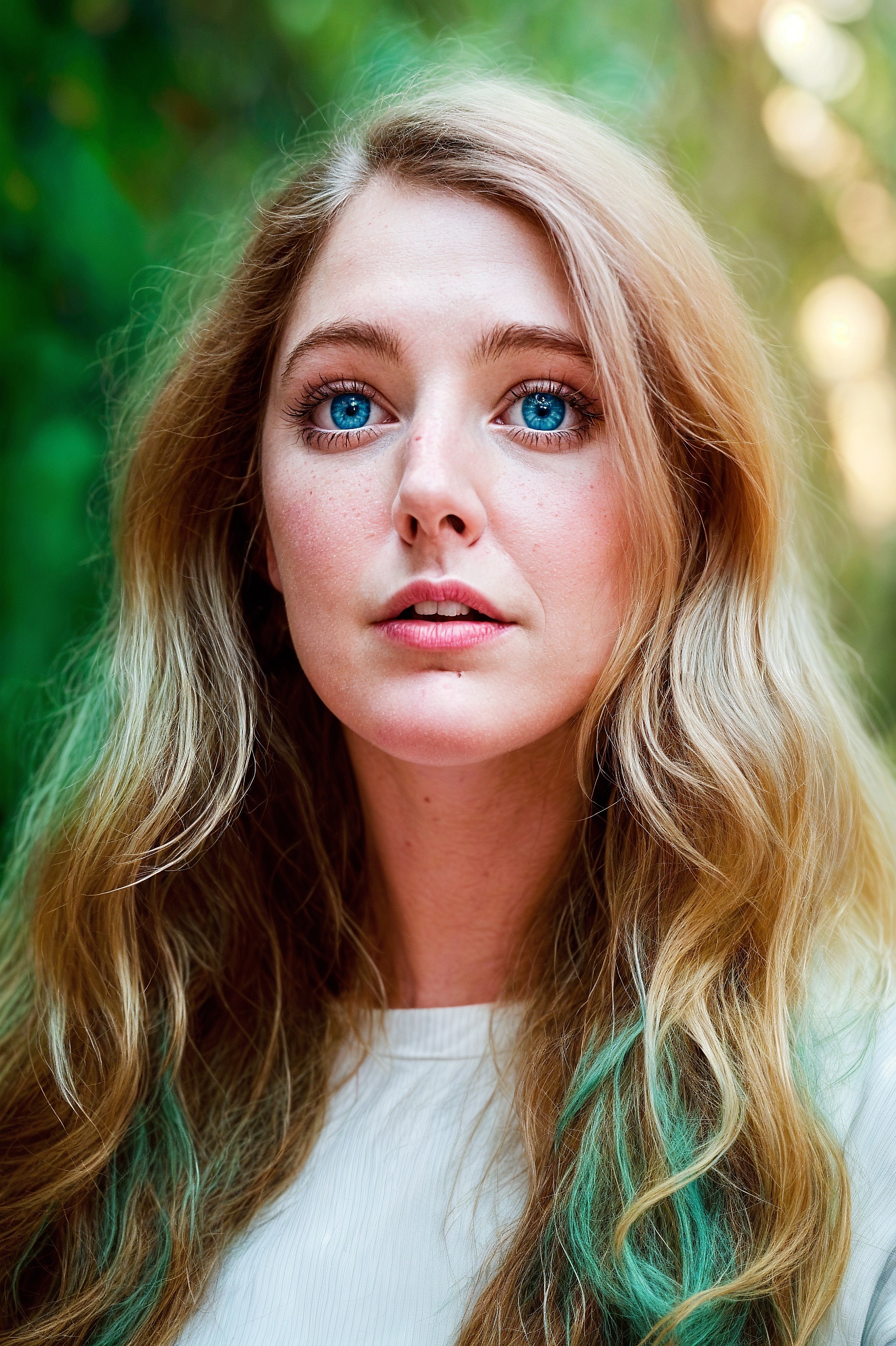 a woman with long blonde hair and blue eyes