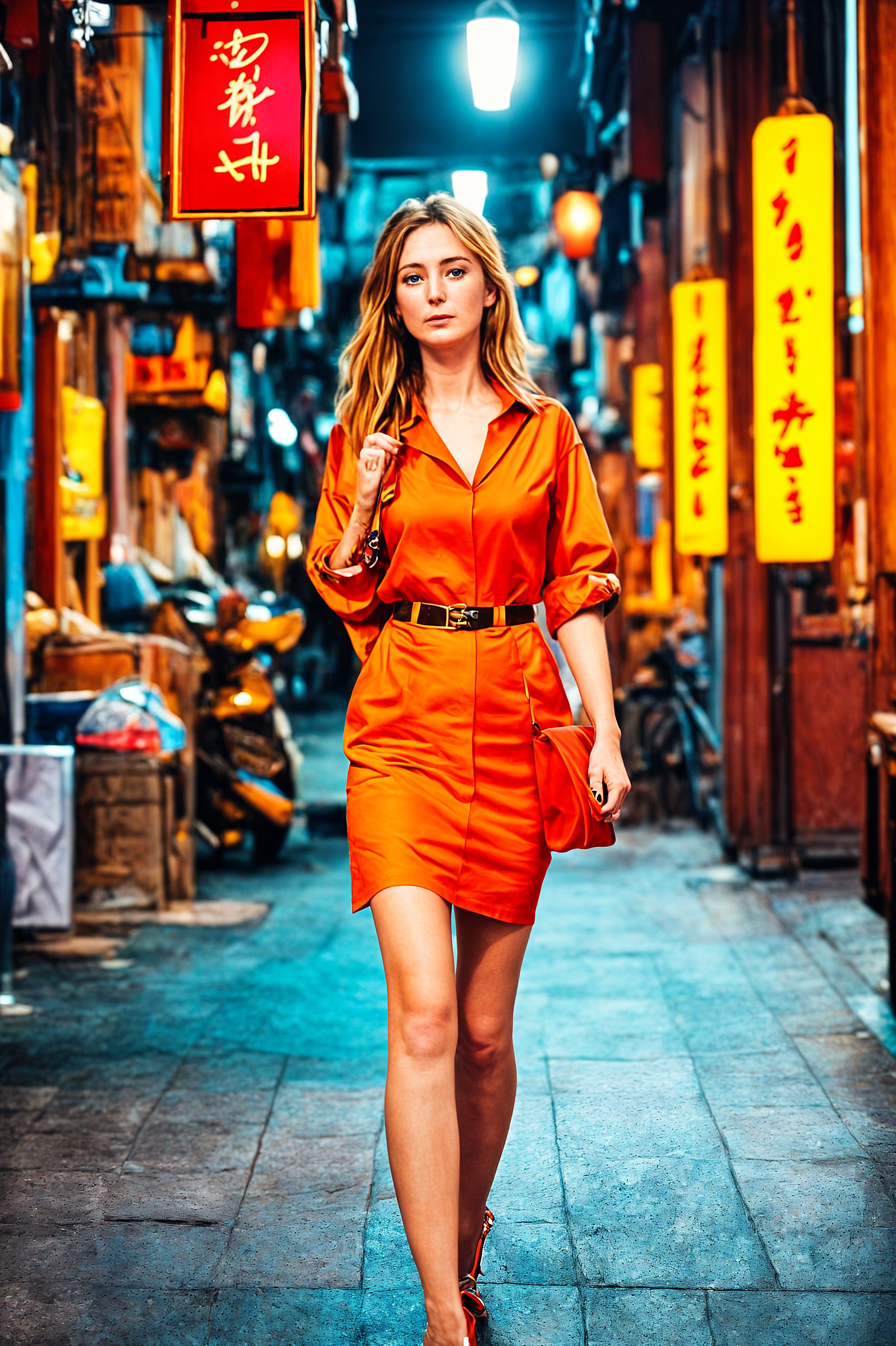 a woman in a red dress walking down a street