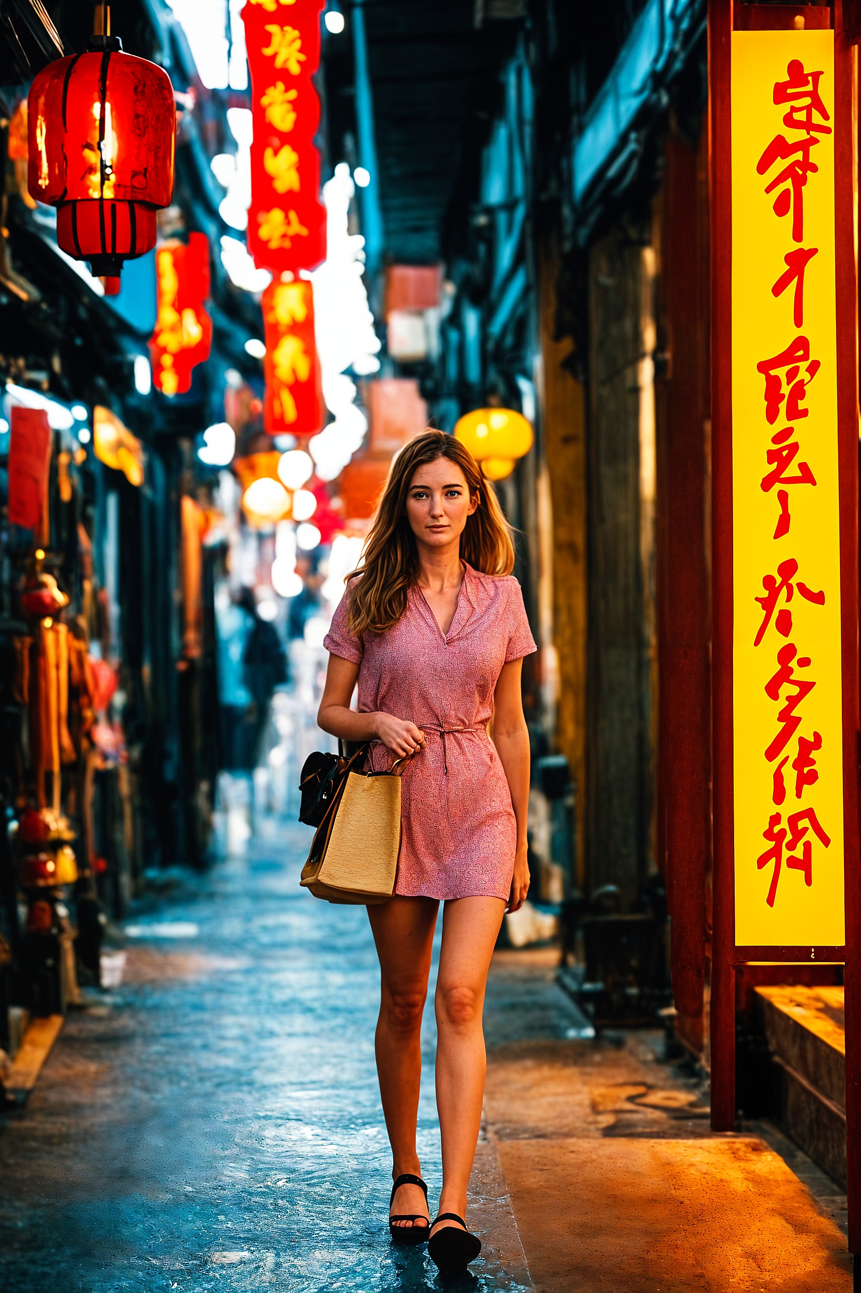 a woman walking down a narrow alley in a city