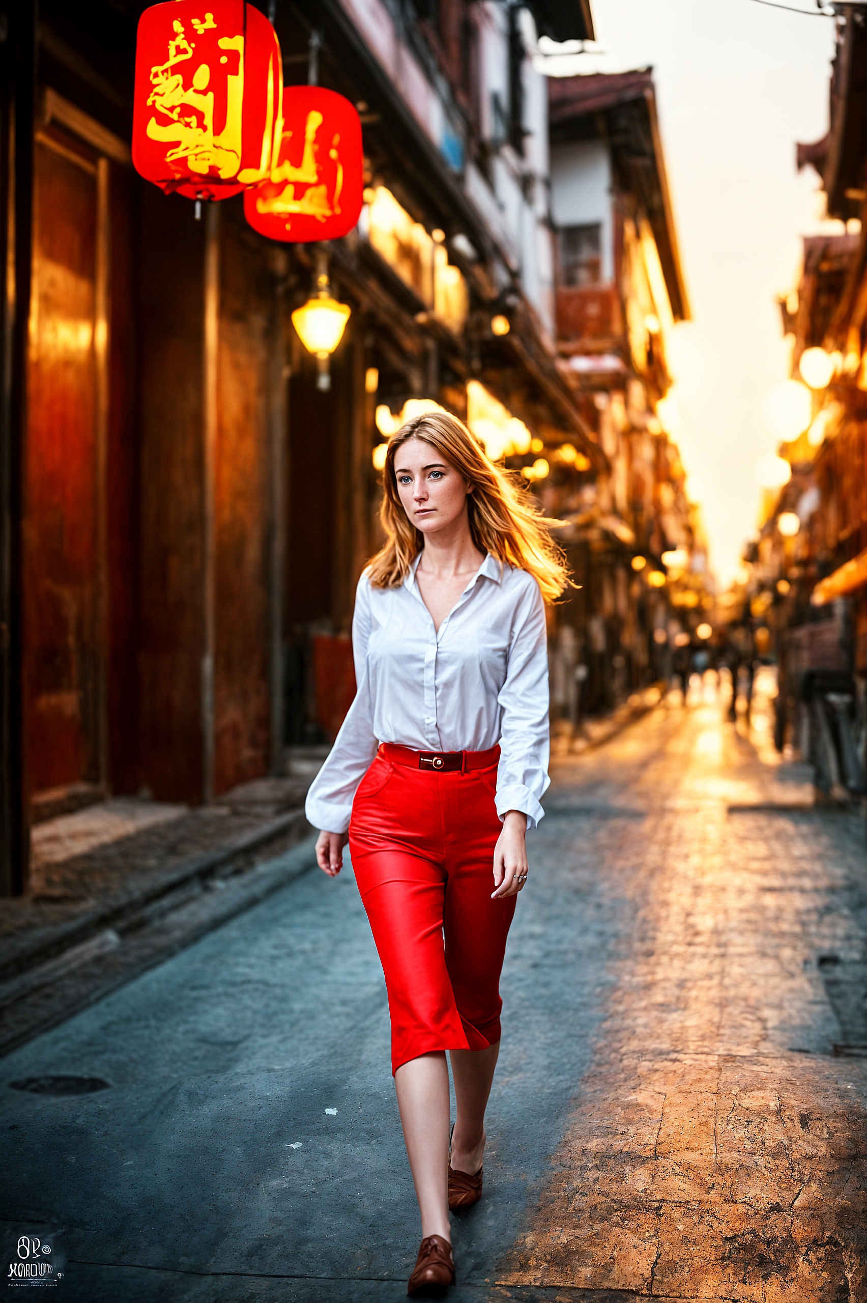 a woman walking down a street in a city