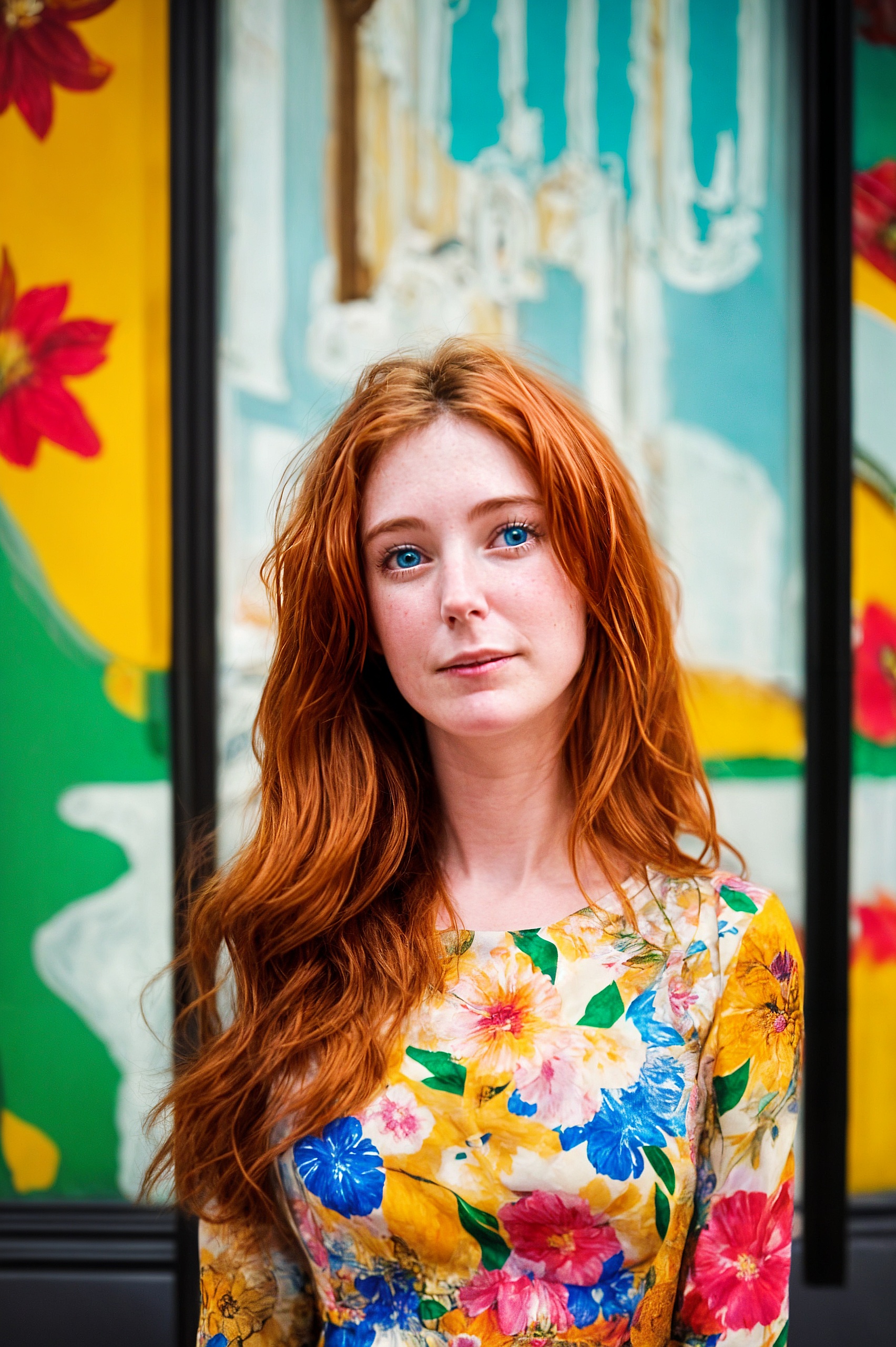 a woman with red hair and blue eyes