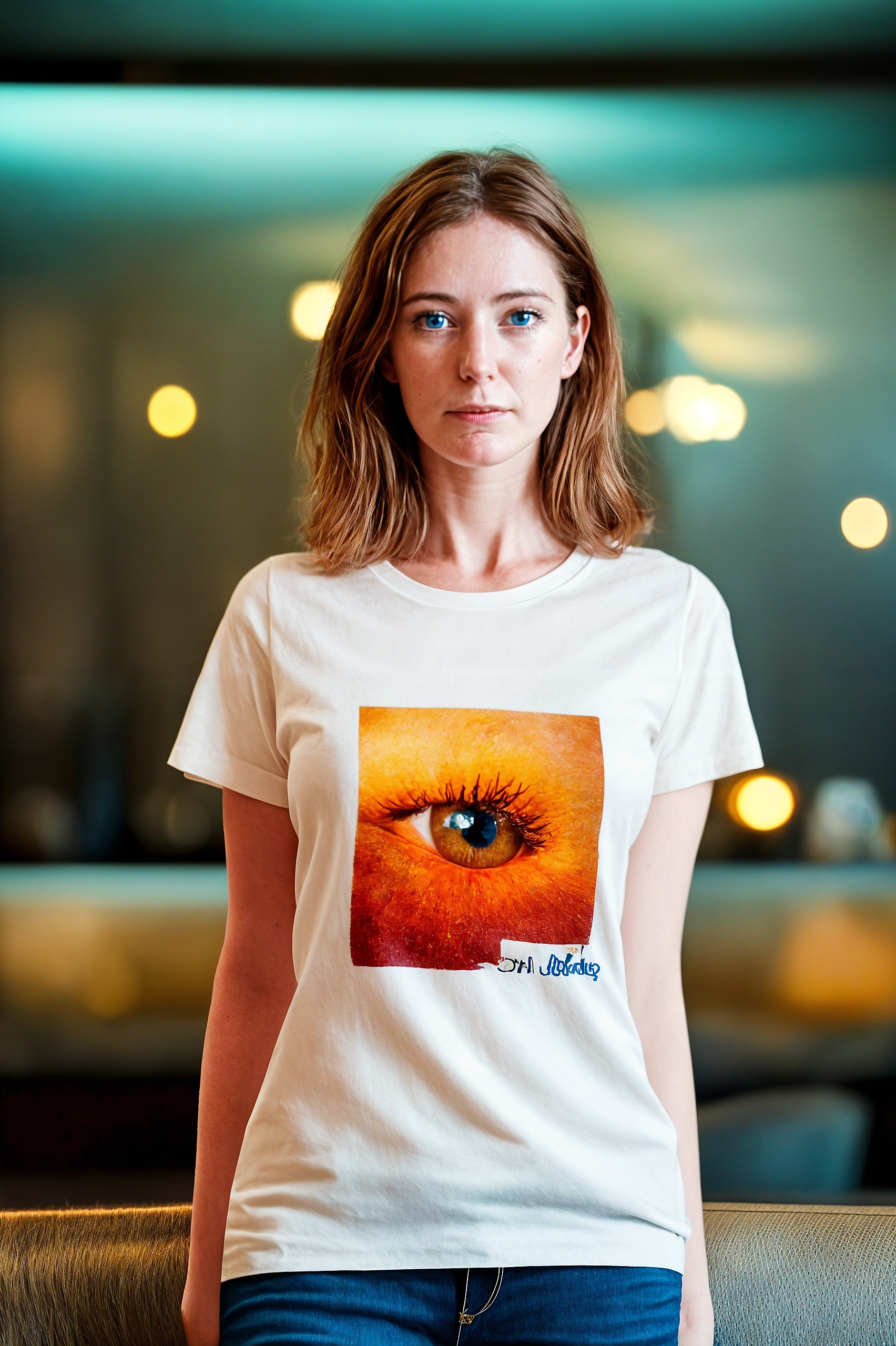 a woman wearing a white shirt with a picture of an eye