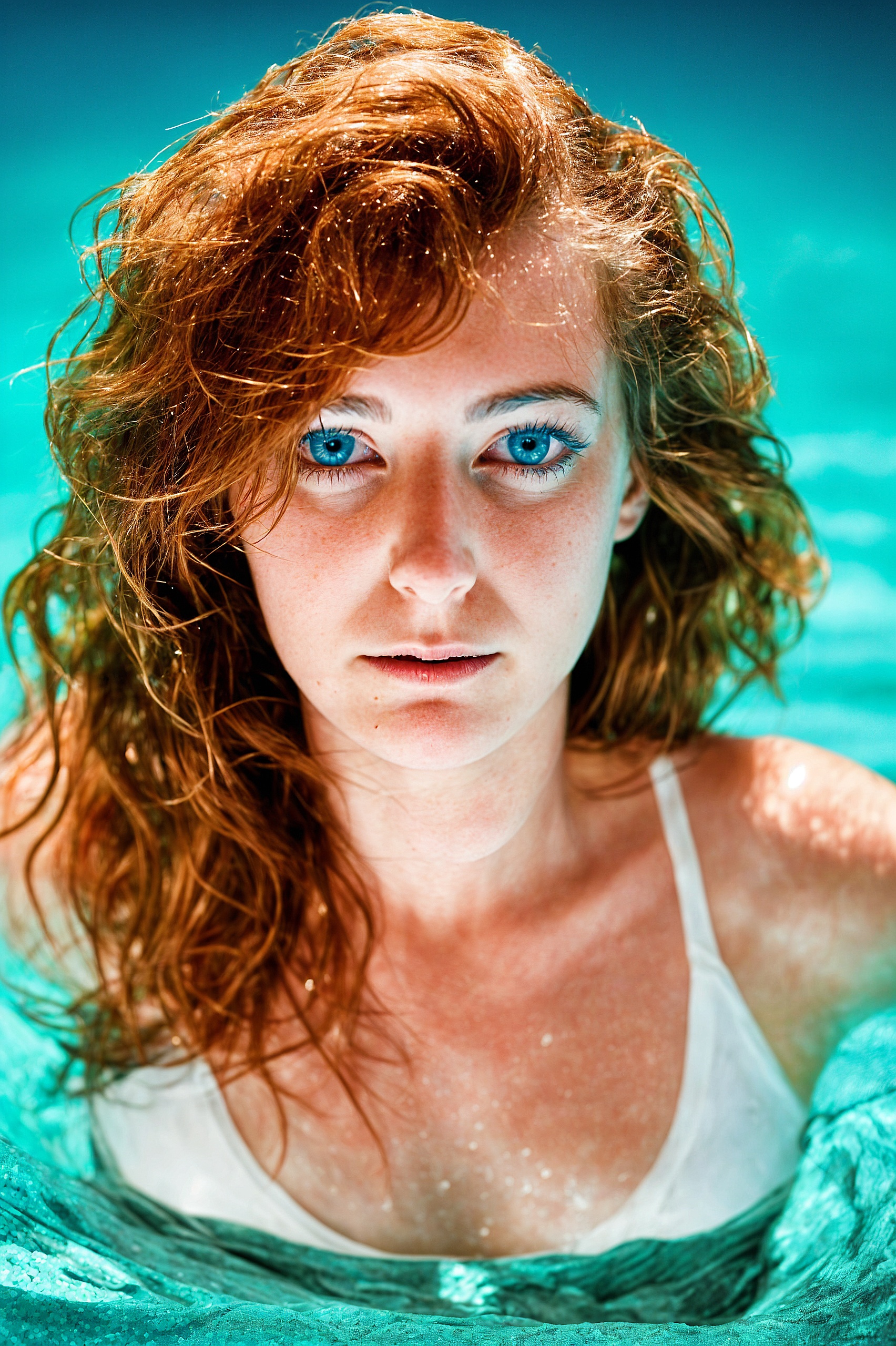 a woman with long hair in a pool