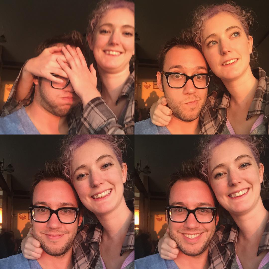 a collage of four photos of a man and woman with glasses