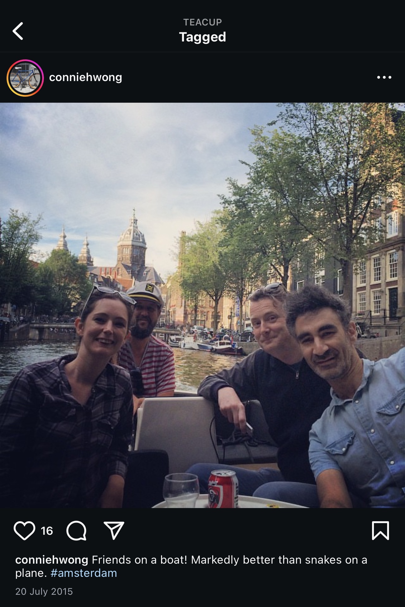 two men sitting on a boat in a canal TEACUP
< Tagged

O~Q V W
conniehwong Friends on a boat! Markedly better than snakes on a
plane. #amsterdam
20 July 2015