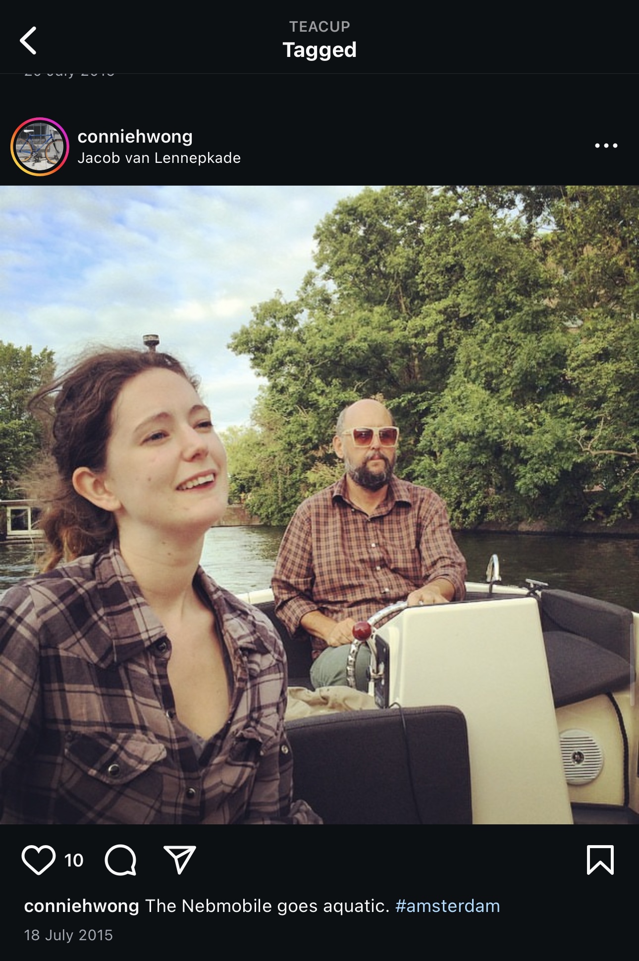 a woman and man in a boat on a river TEACUP
< Tagged

forketn)
conniehwong
Jacob van Lennepkade
eee
OvrQ V
conniehwong The Nebmobile goes aquatic.
18 July 2015
#amsterdam