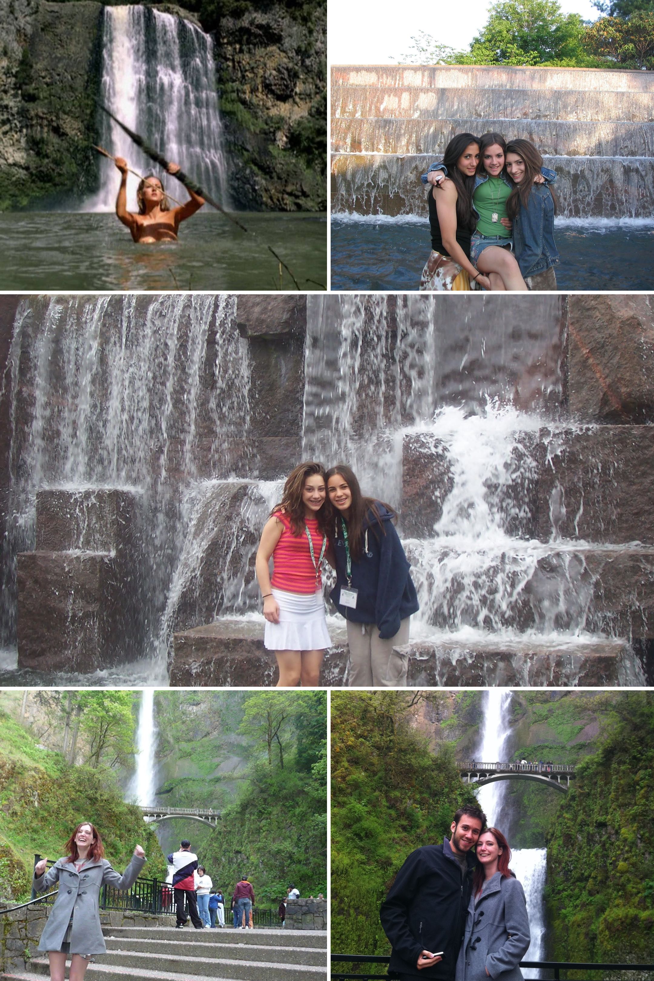 a collage of photos of a couple posing in front of a waterfall