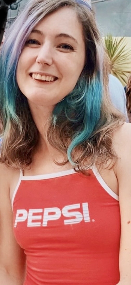 a woman with blue hair