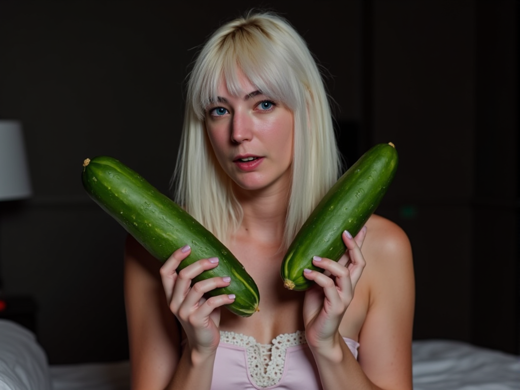 a woman holding two cucums in her hands