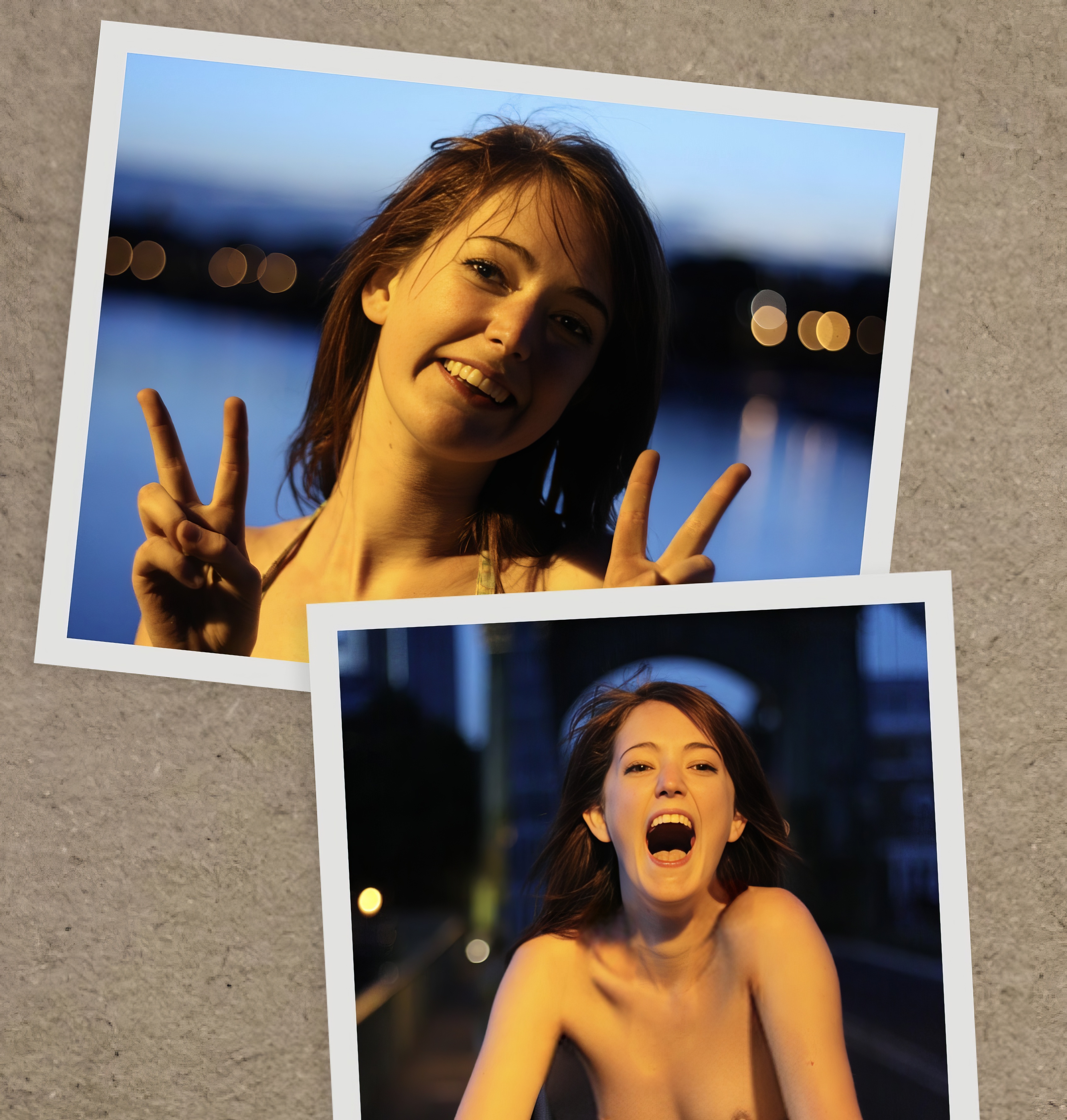 two pictures of a woman with a smile