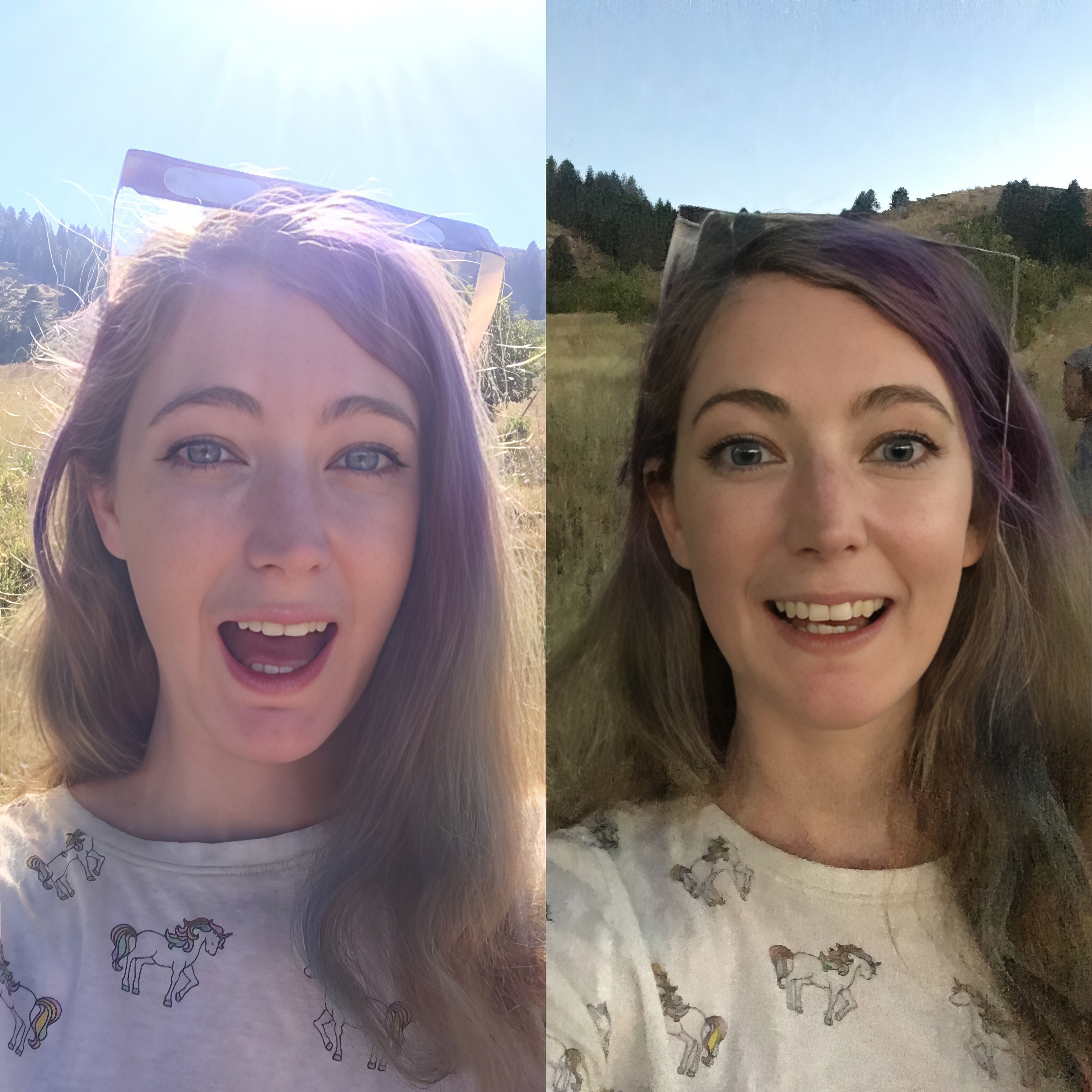 two women smiling and one with purple hair