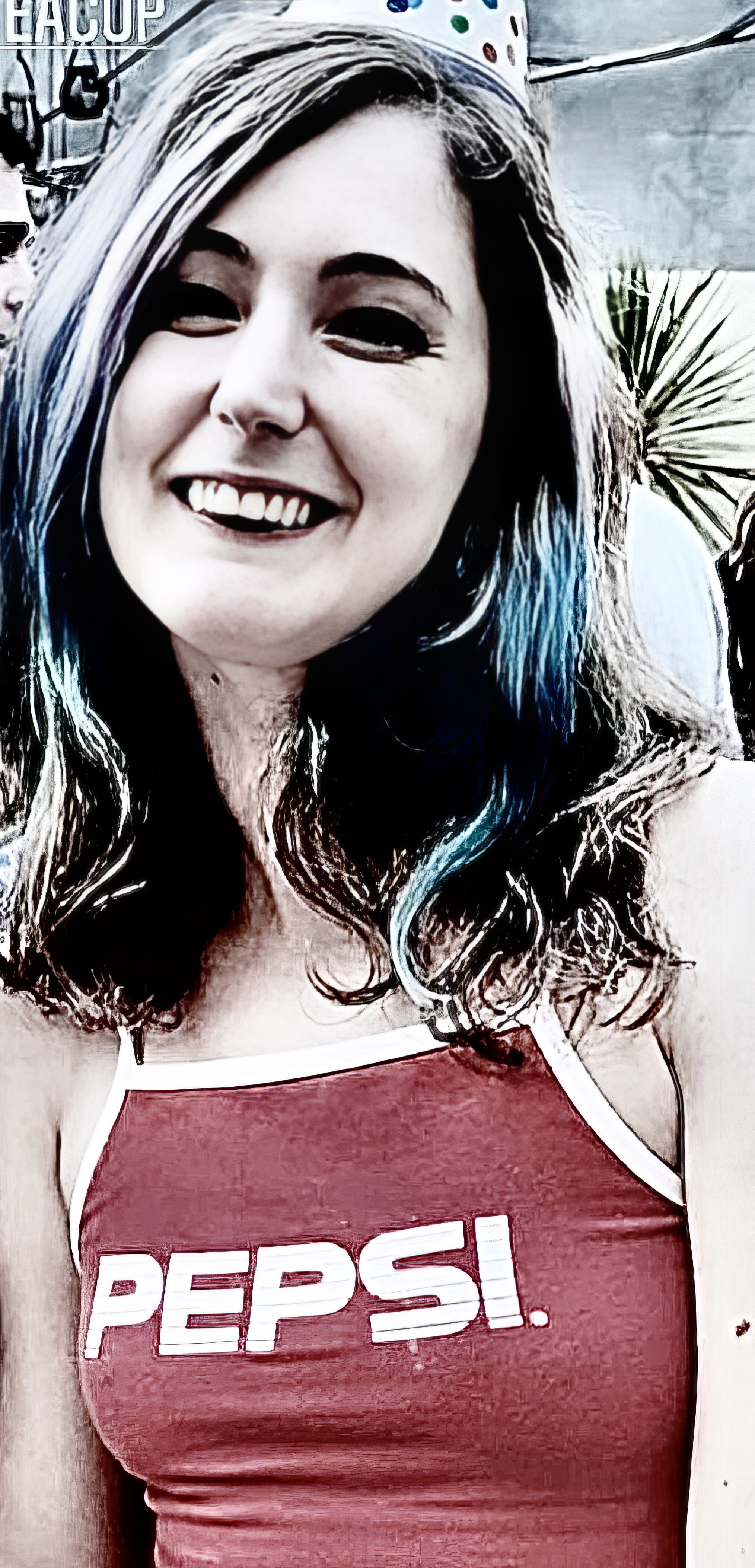 a woman with blue hair and a red shirt