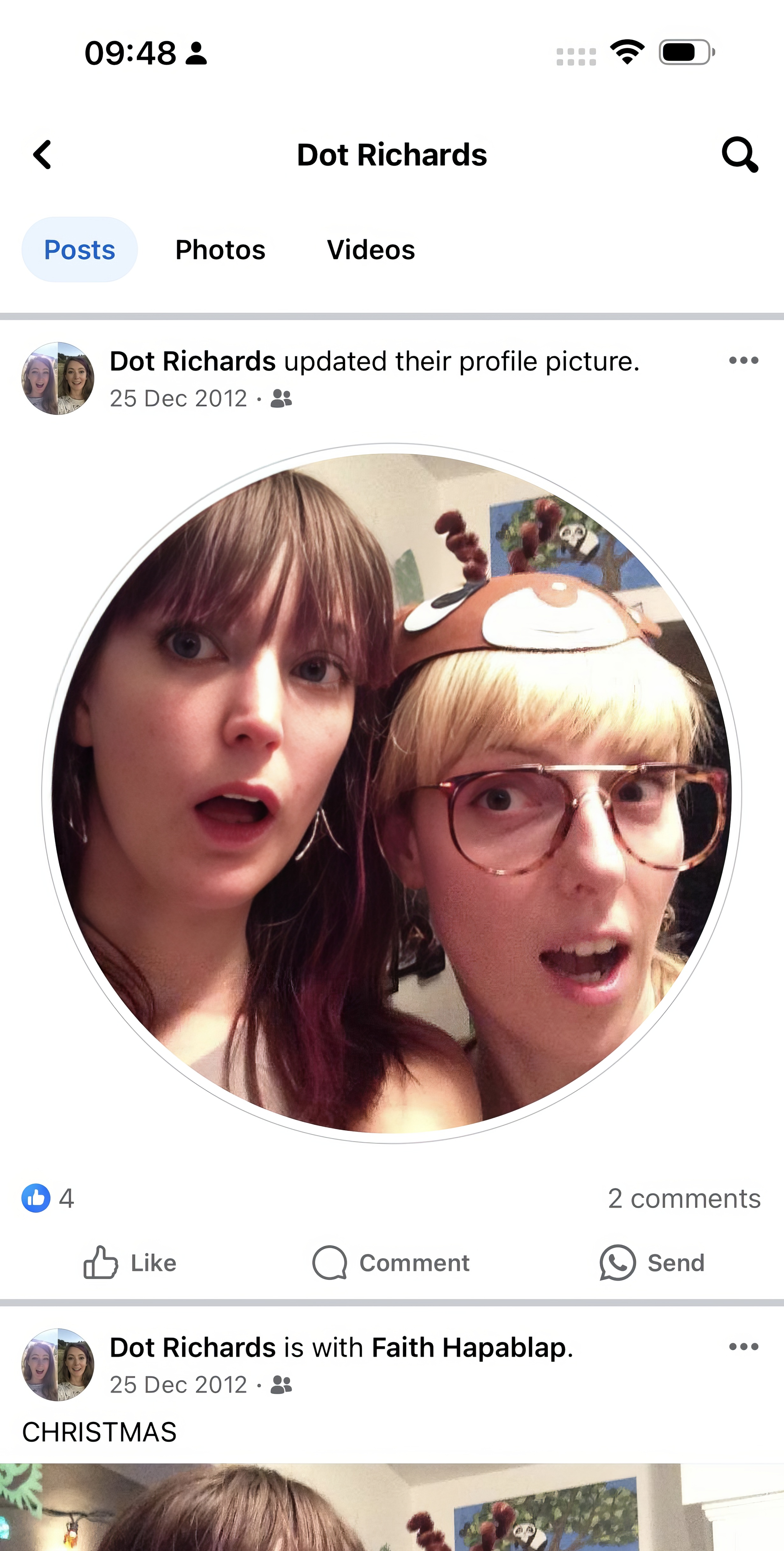 two girls with glasses and one is taking a selfie 09:48 3

))
WJ
< Dot Richards Q
Posts Photos Videos
2 comments
C) Comment (W) Send