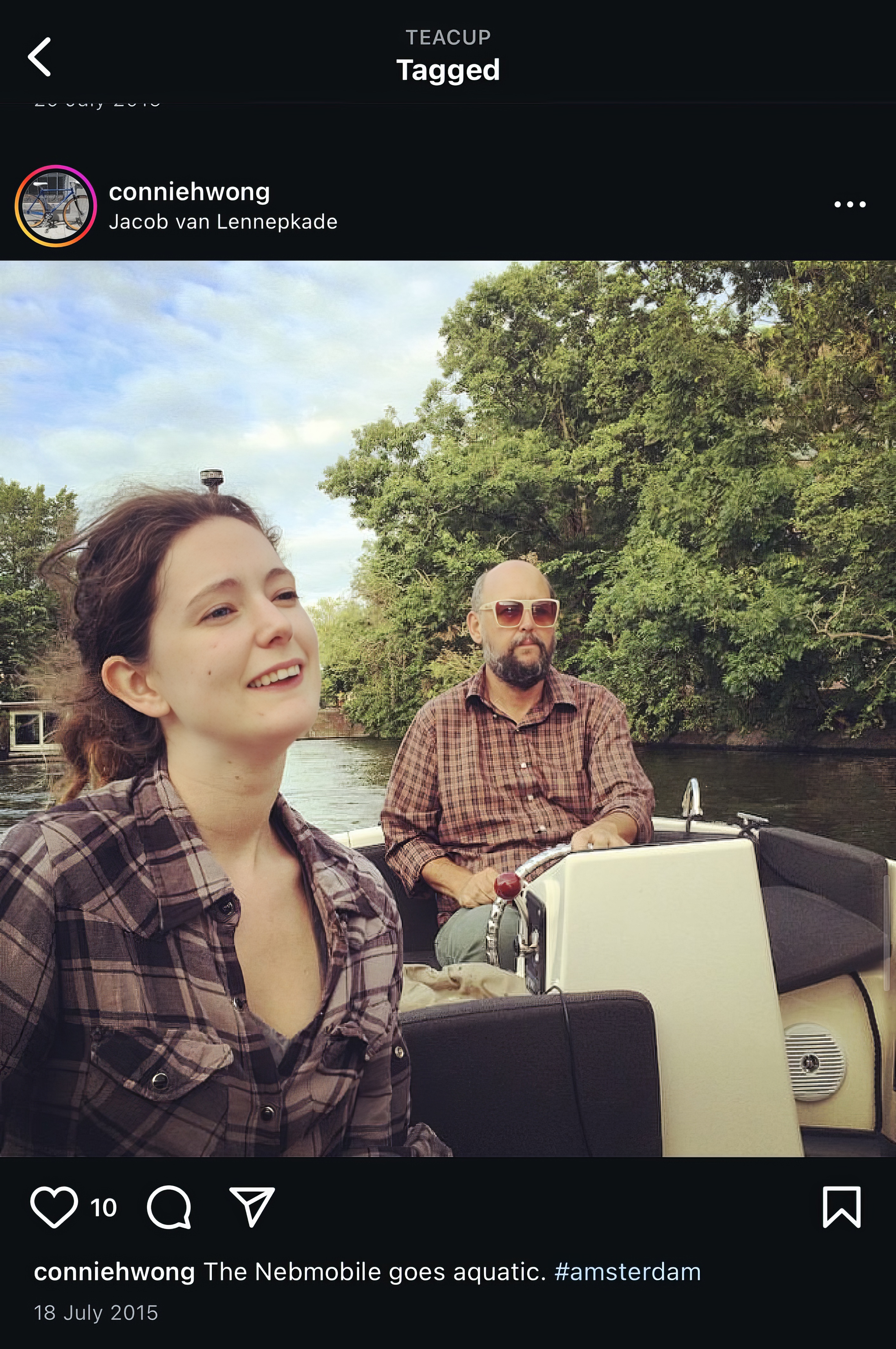 a man and woman are on a boat TEACUP
Tagged

ov vty eviw
—_
_—
—oo
——o--
|
¢
i
Or7Q VW
conniehwong The Nebmobile goes aquatic. #amsterdam
18 July 2015